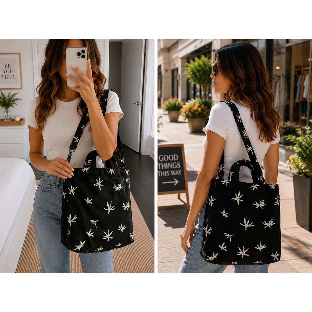 BAGGU Daisy Print Canvas Tote Crossbody Bag Black White Floral Adjustable Boho